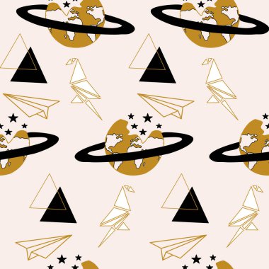 Planet, geometrics and paper plane and bird, seamless pattern clipart
