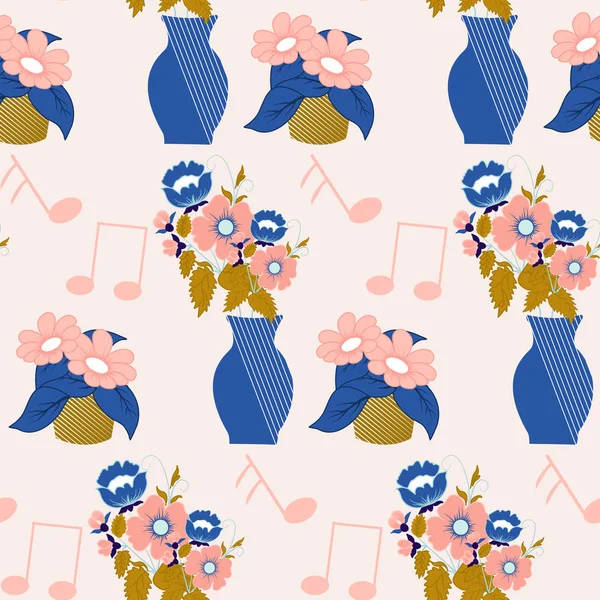 Gold Blue Vase Flowers Seamless Pattern — ストックベクタ