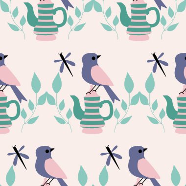 Yeşil ve pembe çay fincanları ve kuşlar