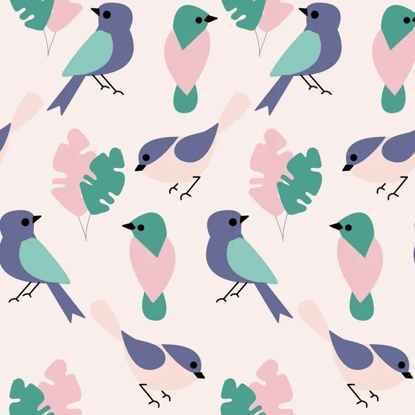 Renkli Kuşlar Yapraklar Pürüzsüz Bir Desen Tasarladılar — Stok Vektör