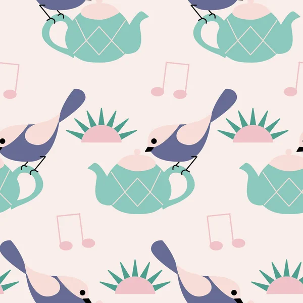 Purple Birds Green Tea Pots Seamless Pattern Design — ストックベクタ