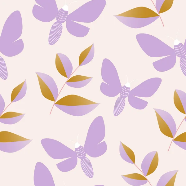 Papillons Violets Feuilles Dorées Dans Motif Sans Couture — Image vectorielle