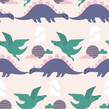 Mor ve yeşil dinozorlu kusursuz desen tasarımı