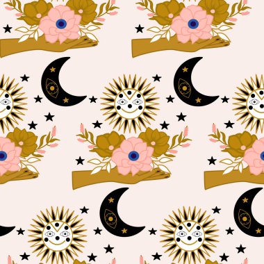 El ele tutuşan çiçek buketi ve güneş, kusursuz desenli bir dizayn.