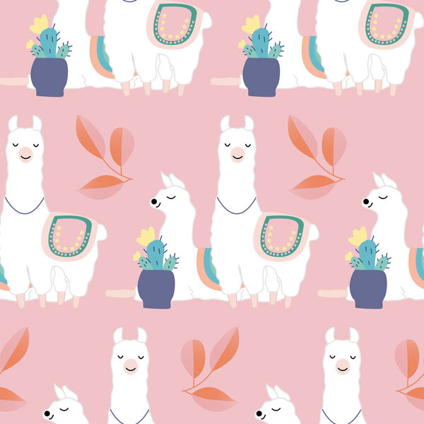 Cute llamas and colorful leaves and flowers, seamless pattern