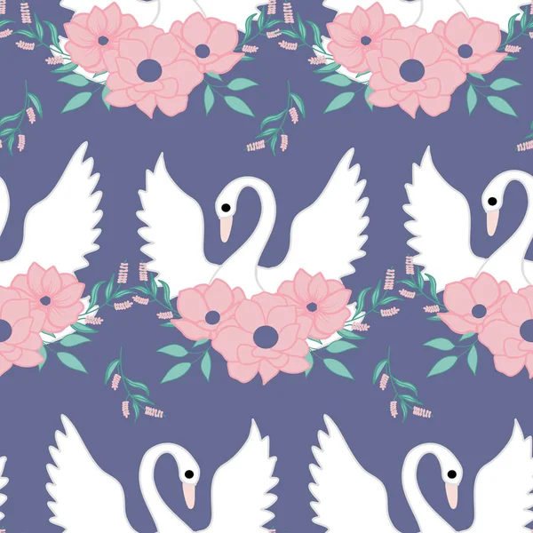 美しい白鳥と花のシームレスなパターンデザイン — ストックベクタ