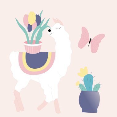 Şirin lama ve kelebekli vektör çizimi