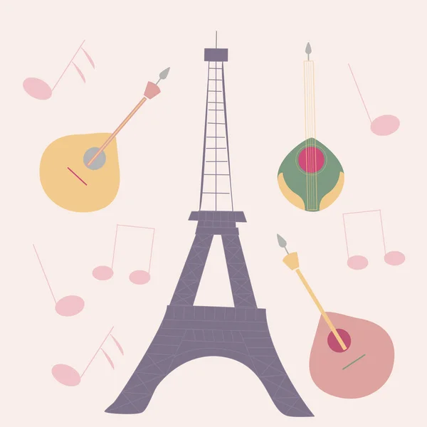 Ilustração Vetorial Com Tour Eiffel Guitarras Música — Vetor de Stock