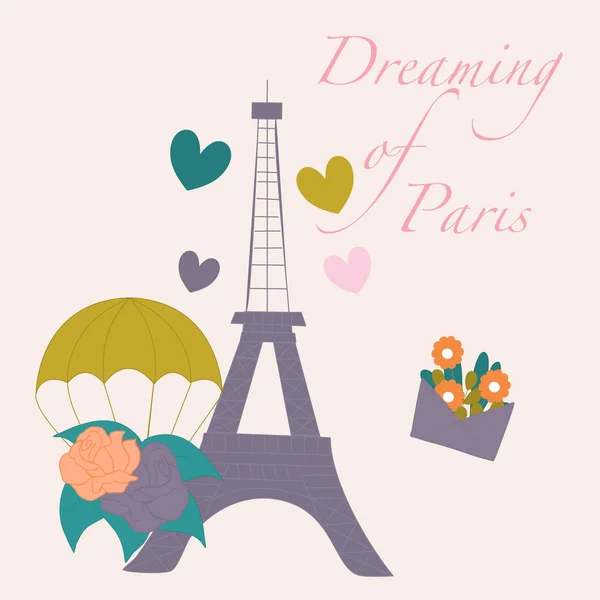 Ilustração Vetorial Com Eiffel Tour Balões Flores Corações — Vetor de Stock