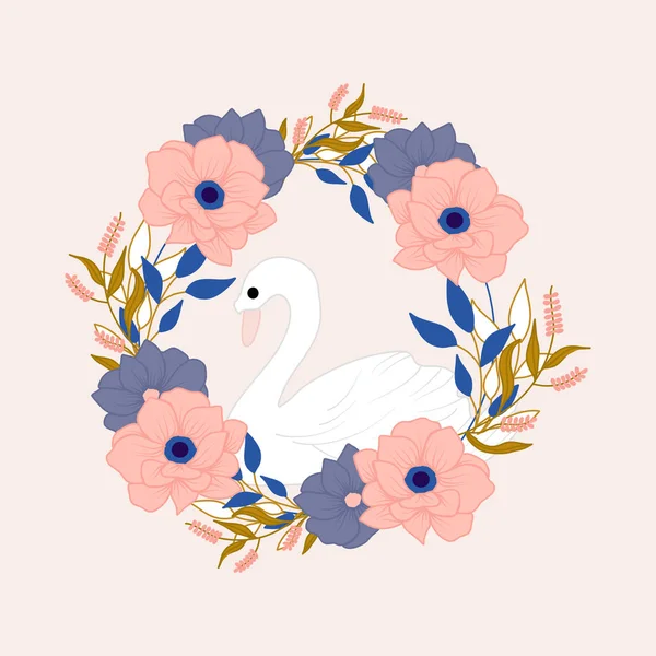 Ilustración Vectorial Con Hermoso Cisne Corona Flores — Archivo Imágenes Vectoriales