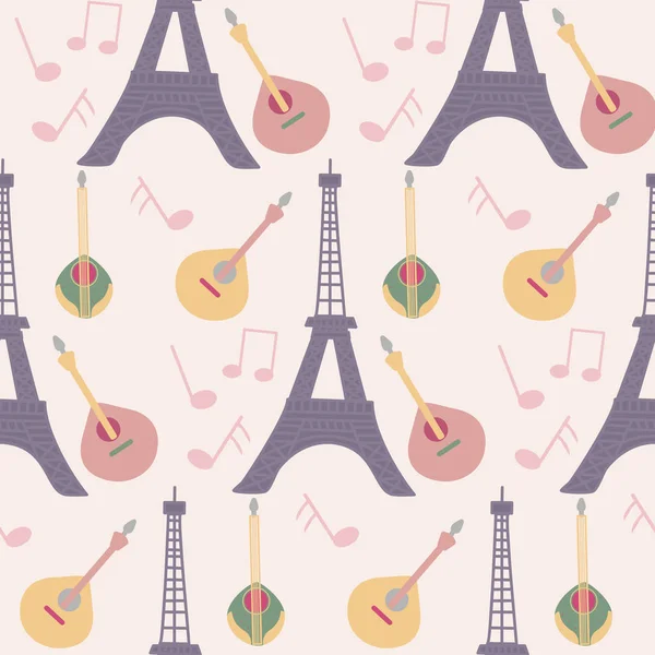  tour eiffel, guitars and music in a seamless pattern design