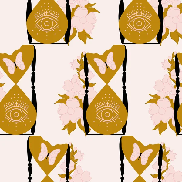 シームレスなパターンデザインのピンクの花と1時間ガラス — ストックベクタ