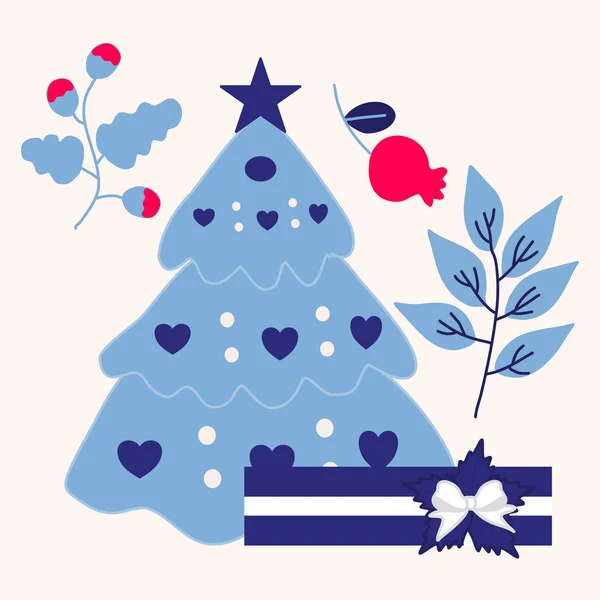 Різдвяна Ілюстрація Синьо Білим Сосновим Деревом Милими Квітами — стоковий вектор