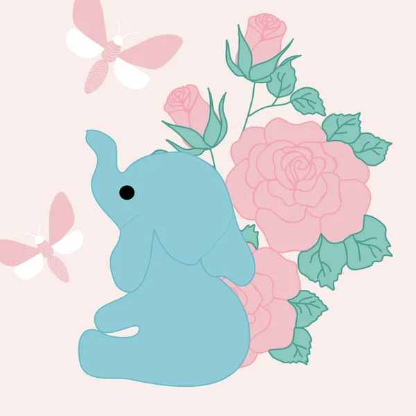 Ilustração Vetorial Com Elefante Bonito Rosas Rosa Borboleta —  Vetores de Stock