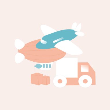 Kamyon, uçak ve tahta küplerle vektör çizimi