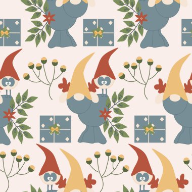 Gnome ren geyiği, cüce kuş ve çiçekler kusursuz desenli dizayn.