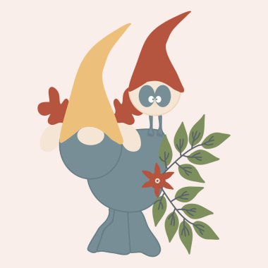 Gnome ren geyiği, kuş ve çiçeklerle vektör çizimi