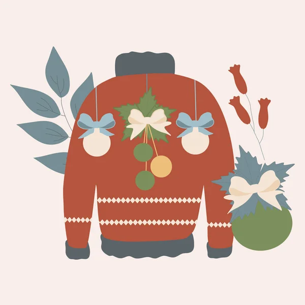 クリスマスセーターやグローブや花を使ったベクターイラスト — ストックベクタ