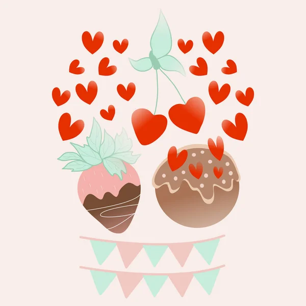 Vector Illustration Colorful Cakes Cherry Hearts — Stock Vector