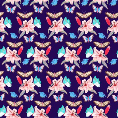 Pembe iris ve renkli kelebeklerle yatay sınır