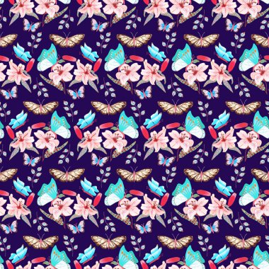 İris çiçekleri ve kelebekler kusursuz bir desen dizaynında