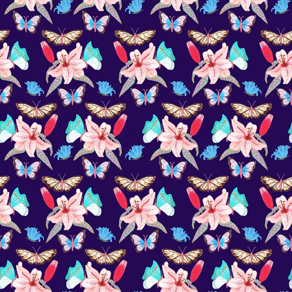 Horizontální Okraj Růžovou Duhovkou Barevnými Motýly — Stock fotografie