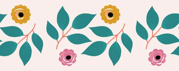 Batas Horisontal Dengan Mawar Merah Muda Dan Kuning - Stok Vektor