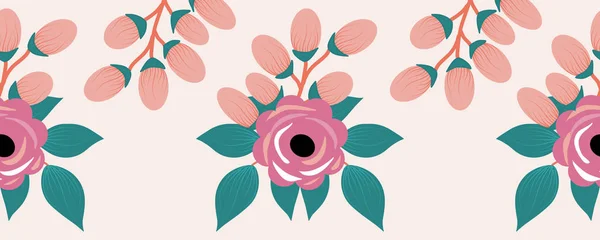 ピンクのバラの構図の水平な境界 — ストックベクタ