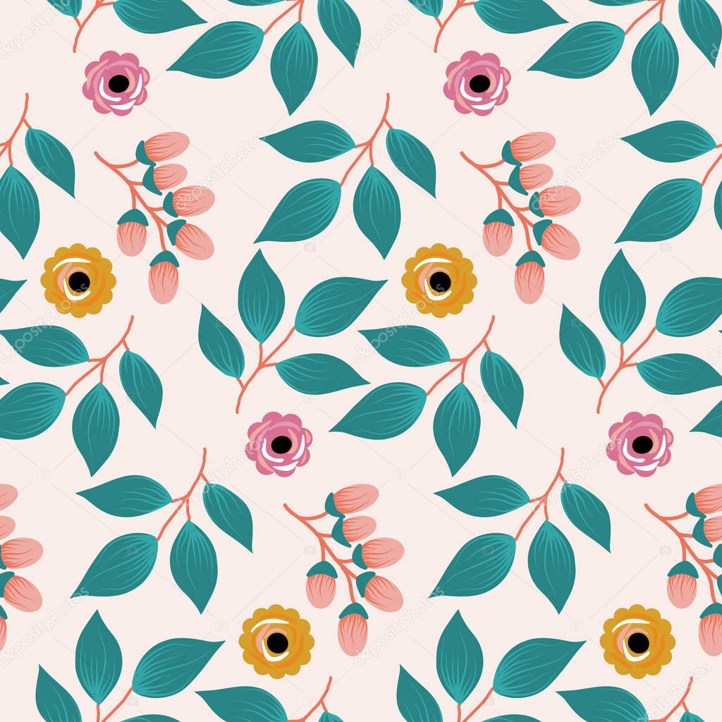  leaves and flowers in a seamless pattern design