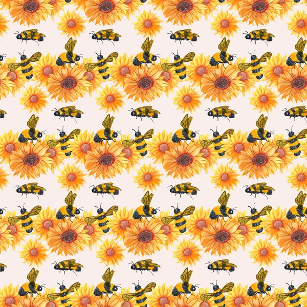 Unflower Bees Seamless Pattern Design — стоковое фото
