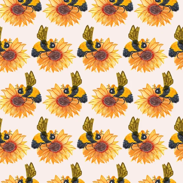 suntflower and cute bee in a seamless pattern design