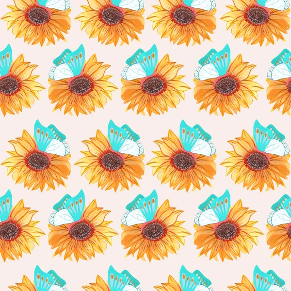 Unflower Und Schmetterling Einem Nahtlosen Muster Design — Stockfoto
