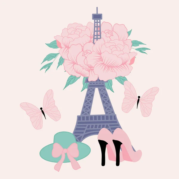 Ilustración Vectorial Con Eiffel Tour Peonías Elementos Moda — Archivo Imágenes Vectoriales
