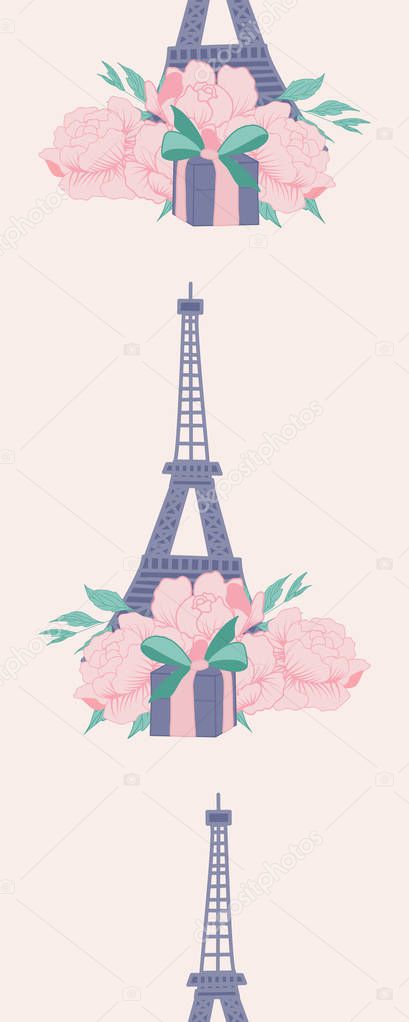 Vertical seamless border with tour eiffel, peonies and gifts