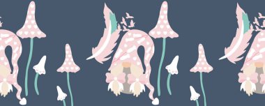 Tatlı kız cüceleri ve mantarlarla yatay sınır