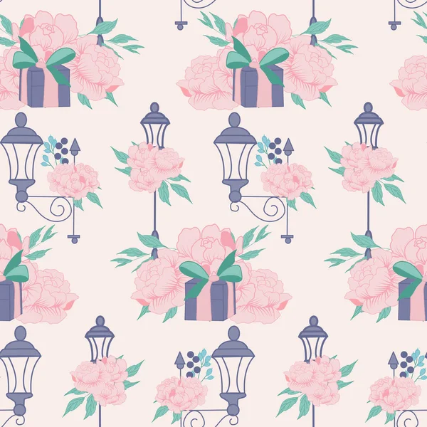 Street Lamps Peonies Gifts Seamless Pattern Design — Stock Vector