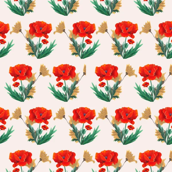 red poppy and gold flowers in a seamless pattern