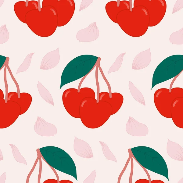 Cerezas Pétalos Diseño Patrón Sin Costuras — Archivo Imágenes Vectoriales