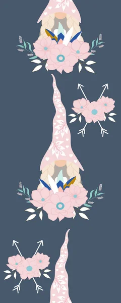 Vertical Seamless Border Girl Gnome Flower Wreath — 스톡 벡터