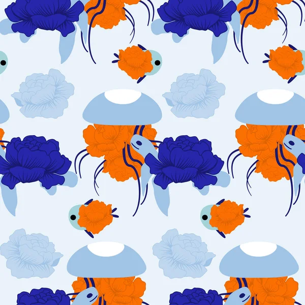 Бесшовный Узор Голубой Белой Медузами Черепахой Цветов — стоковый вектор