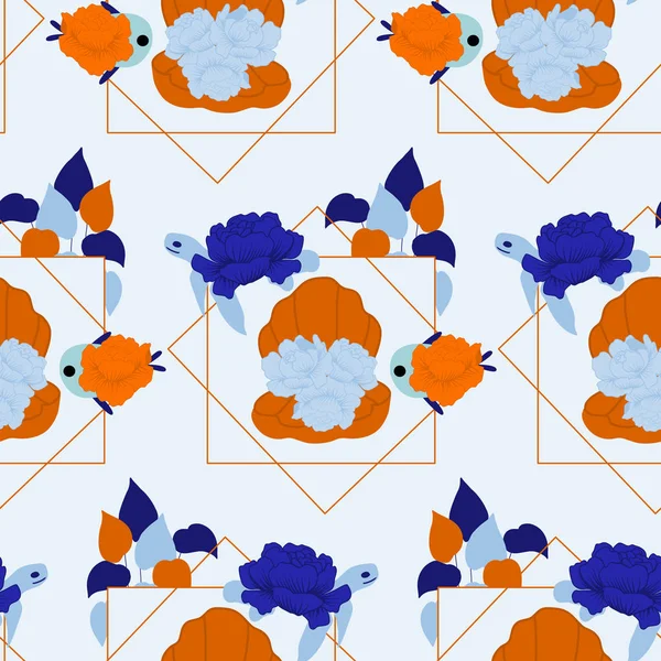 Seamless Pattern Design Orange Pearl Colorful Maritime Leaves Geometrics — 스톡 벡터