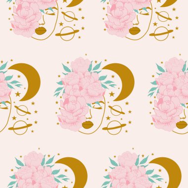 Altın kadın yüzü, pembe şakayıklar ve kusursuz desenli gökyüzü.