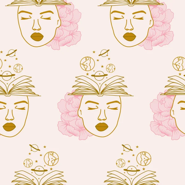 books, woman and celestial elements in a seamless pattern design