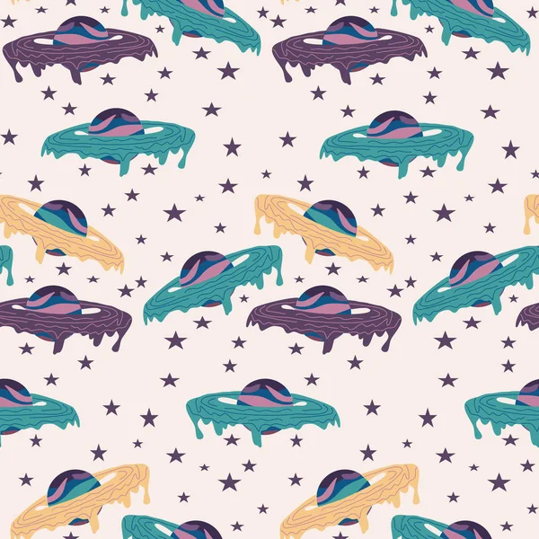 Seamless Pattern Design Yellow Green Purple Galactic Planets — 스톡 벡터