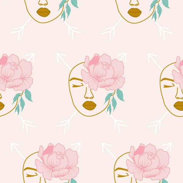 Diseño Patrón Sin Costuras Con Cara Mujer Hermosa Peonías Rosadas — Vector de stock