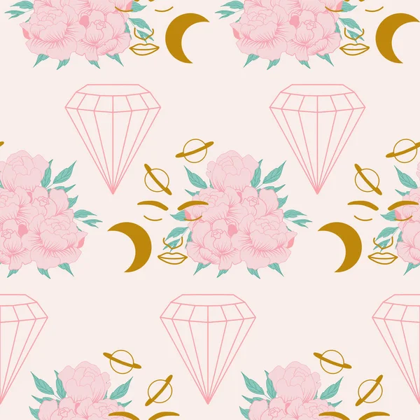 粉红牡丹构图 女性面容 月亮和钻石 无缝图案设计 — 图库矢量图片