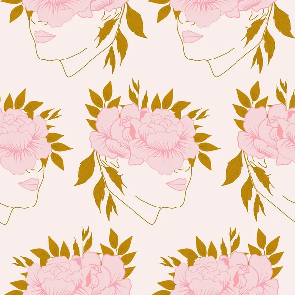 Rosa Composición Flores Cara Mujer Diseño Patrón Sin Costuras — Vector de stock