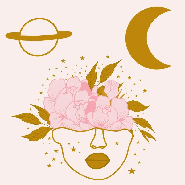 Векторная Иллюстрация Золотой Луной Планетой Красивой Женщиной Цветами — стоковый вектор
