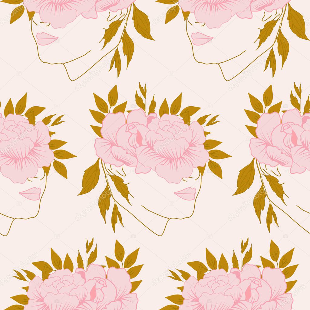 pink flower composition and woman face in a seamless pattern design