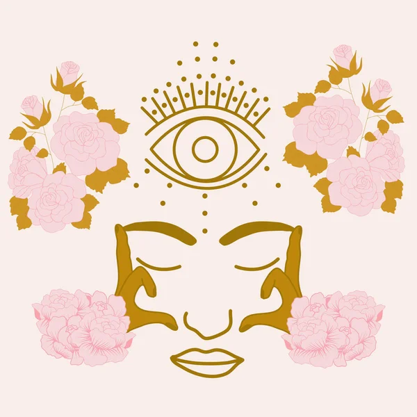 Векторная Иллюстрация Розовыми Букетами Цветов Лицом Золотой Женщины — стоковый вектор